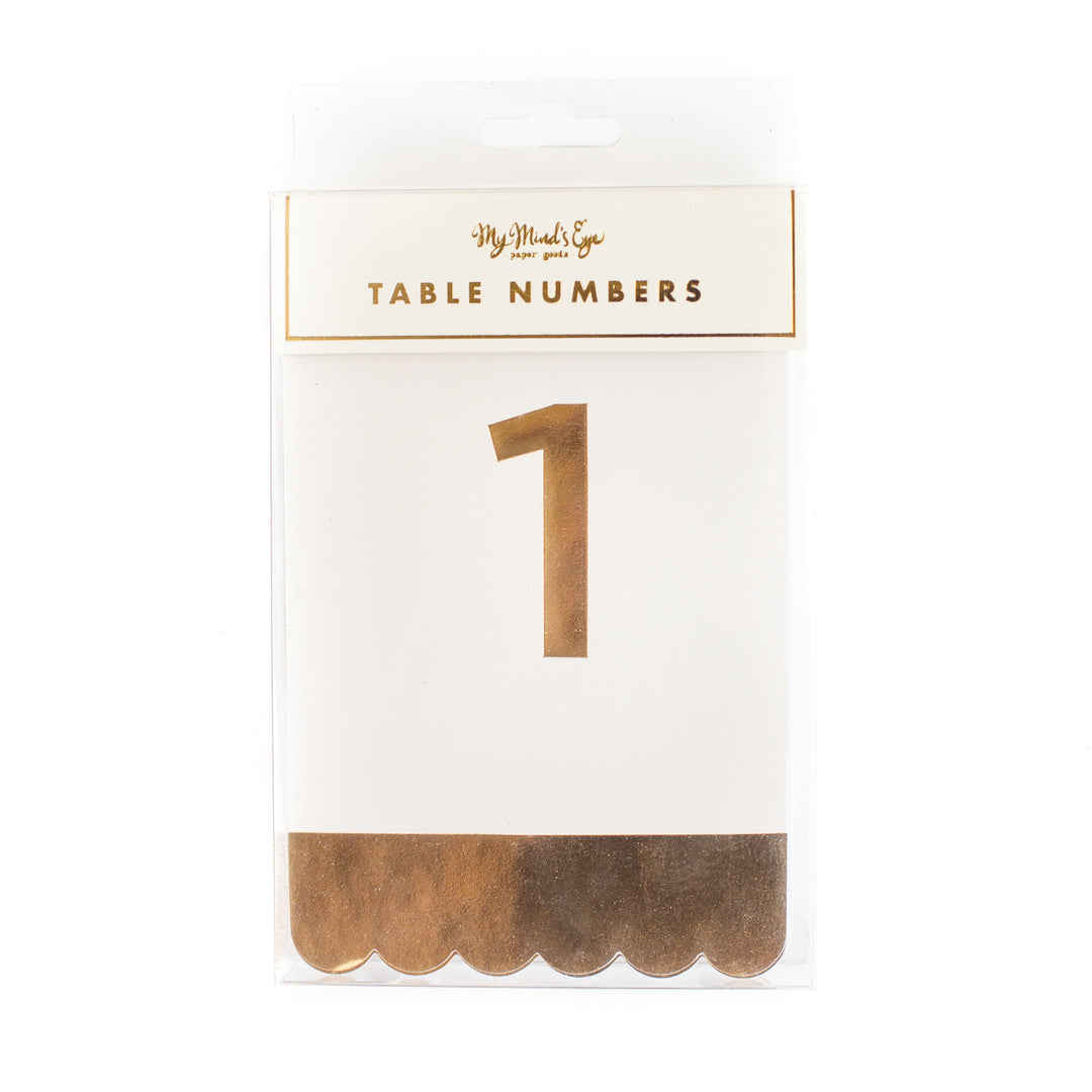 package of cream tent cards with gold foil printed edge and the number 1