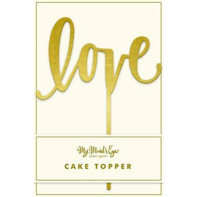 Image of a packaged Gold Acrylic Cake Topper that spells the word Love