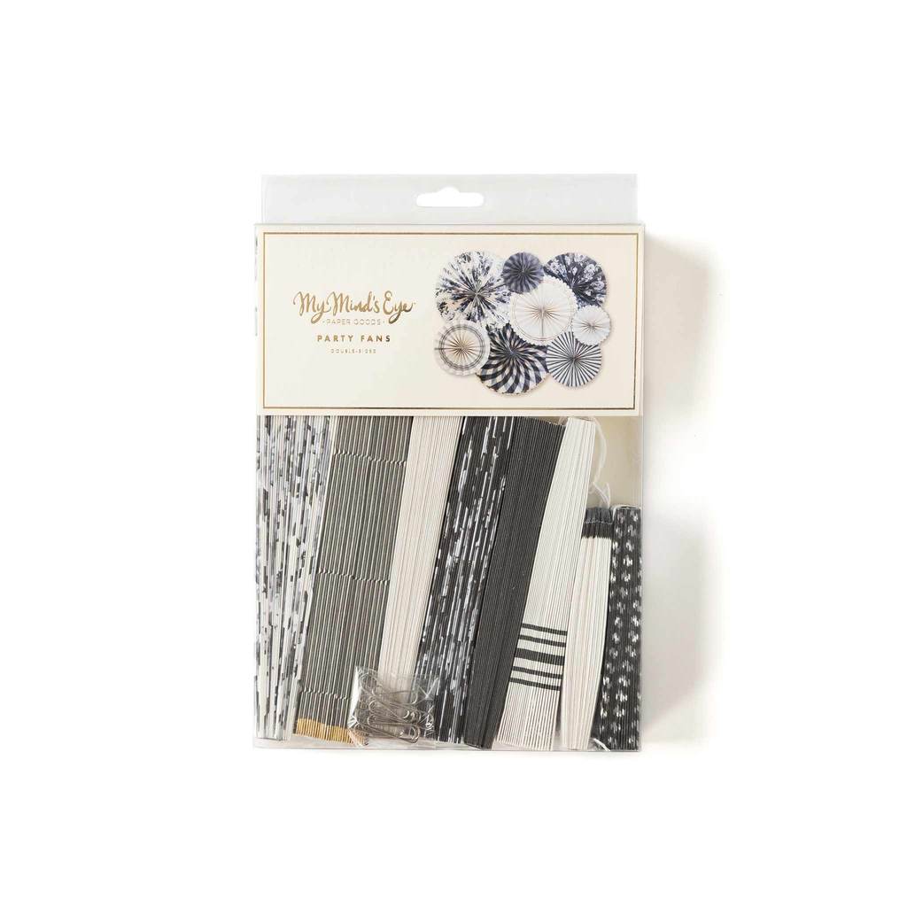 Package of a collection of decorative paper fans with various patterns, including plain, striped, floral, and checkered designs in black, white, gray, and gold colors.