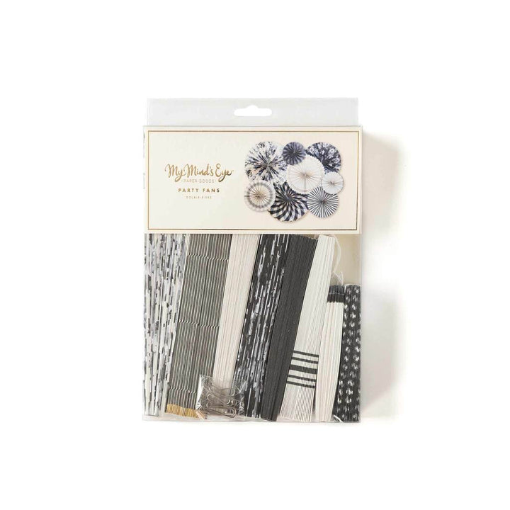 Package of a collection of decorative paper fans with various patterns, including plain, striped, floral, and checkered designs in black, white, gray, and gold colors.