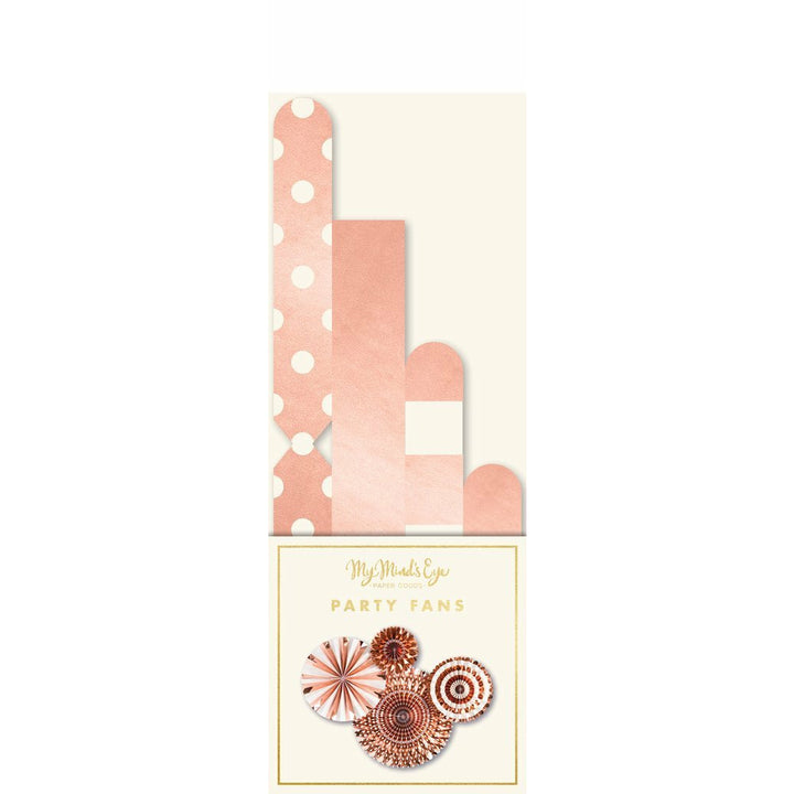 Package of a 4-piece set of rose gold and white paper fans of different sizes is displayed against a white background.