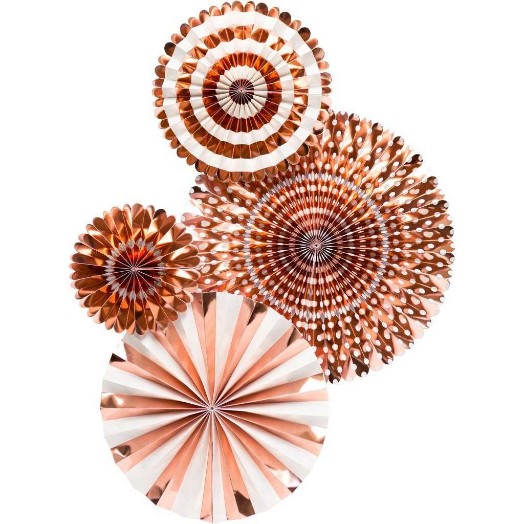 A 4-piece set of rose gold and white paper fans of different sizes is displayed against a white background.
