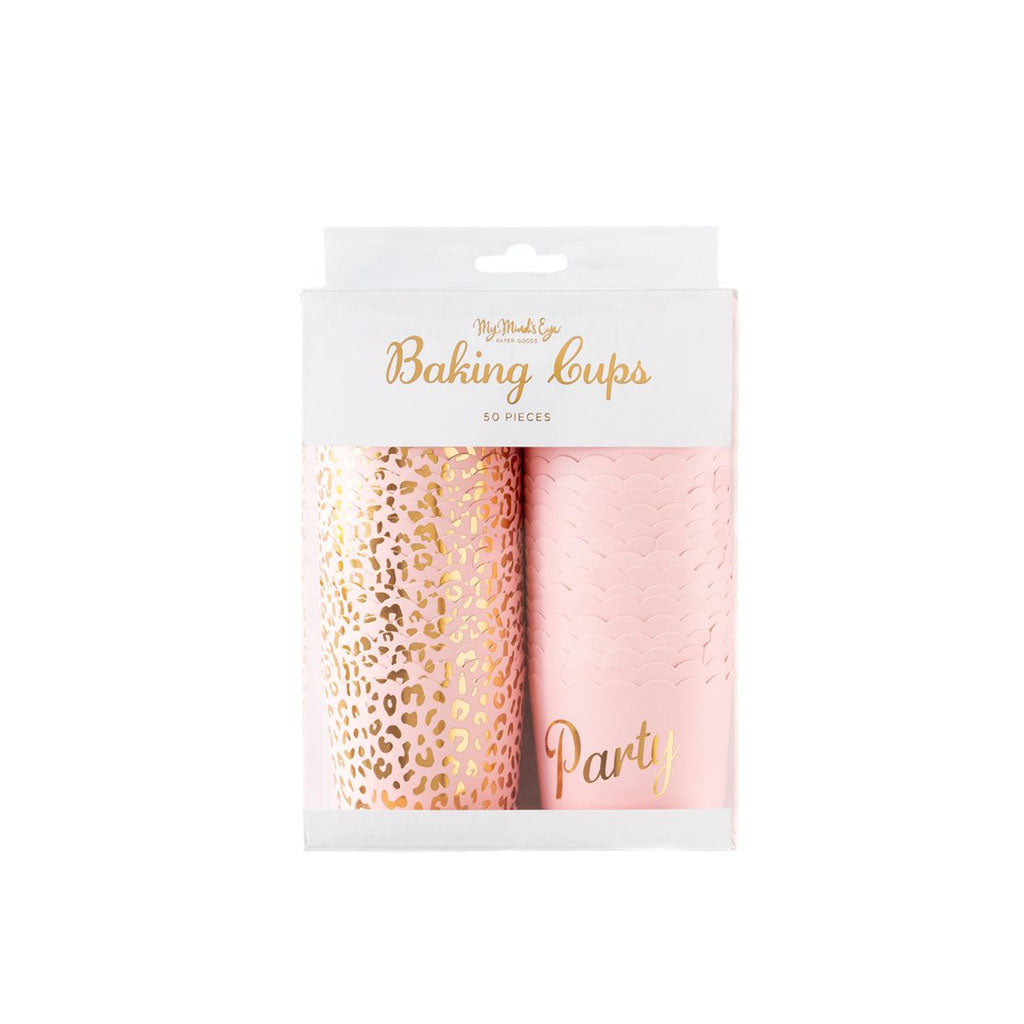 A package of a stack of blush pink food cups with all over gold cheetah print and a stack of blush pink food cups with the word party printed in gold.