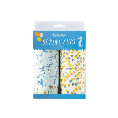 A package of a stack of blue treat cups with various puppies printed all over and a stack of white treat cups with multicolor balloons printed all over.