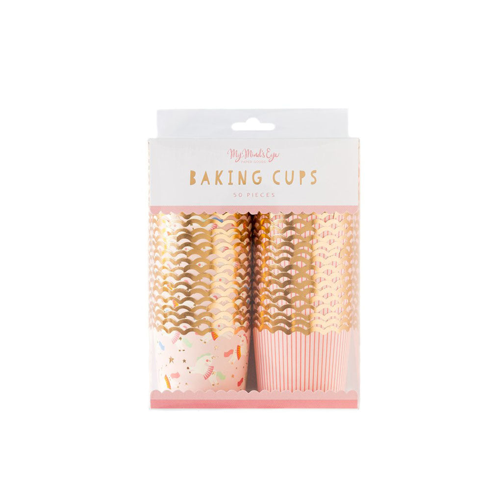 A package of a stack of pink gold trimmed baking cups with a unicorn all-over print and a stack of 2-tone pink vertical all-over stripes baking cups