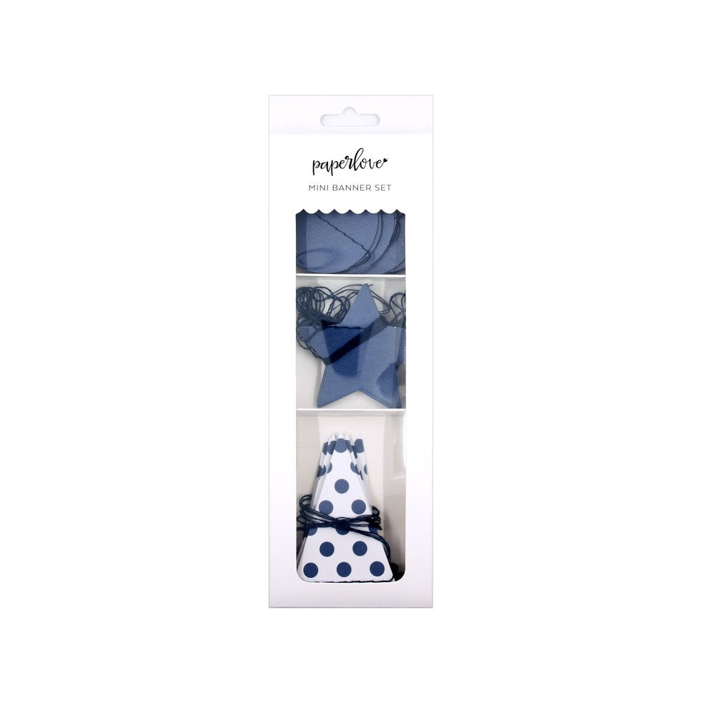 A package of 3-piece die cut banners, 1 with navy colored circles, 1 with navy colored stars, and 1 with white with navy colored polka dot pennant style