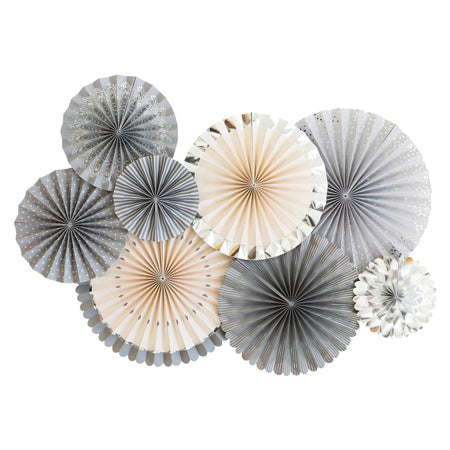 A set of paper fans in grey, silver, and blush pink colors, displayed in various sizes and print patterns.