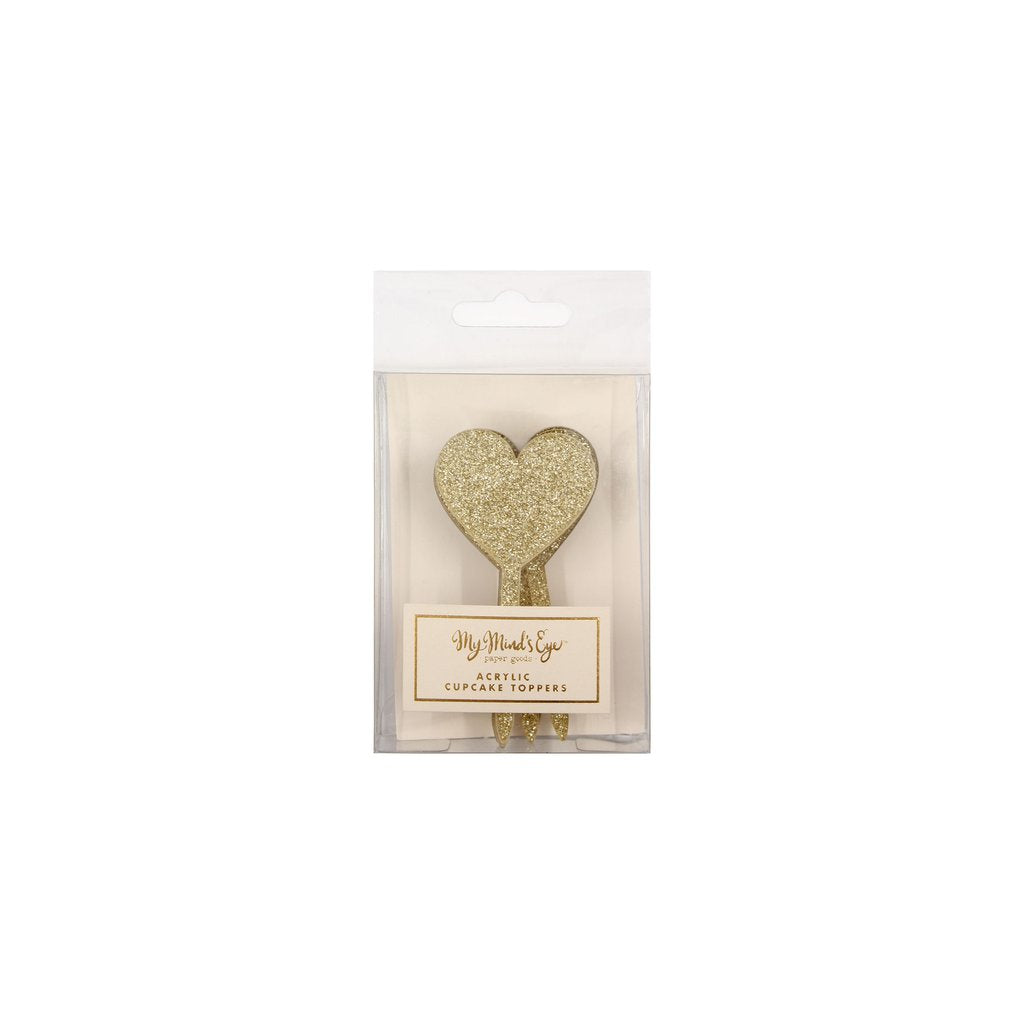 Image of a package of gold glitter heart-shaped acrylic cupcake toppers.