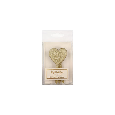 Image of a package of gold glitter heart-shaped acrylic cupcake toppers.