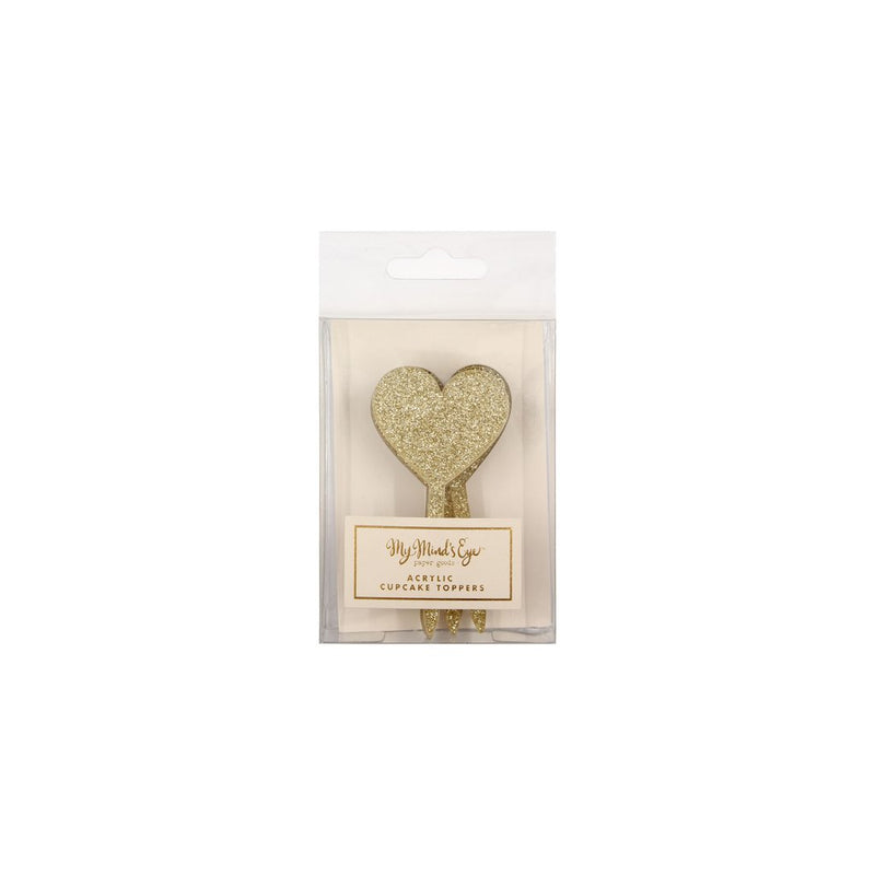 Image of a package of gold glitter heart-shaped acrylic cupcake toppers.