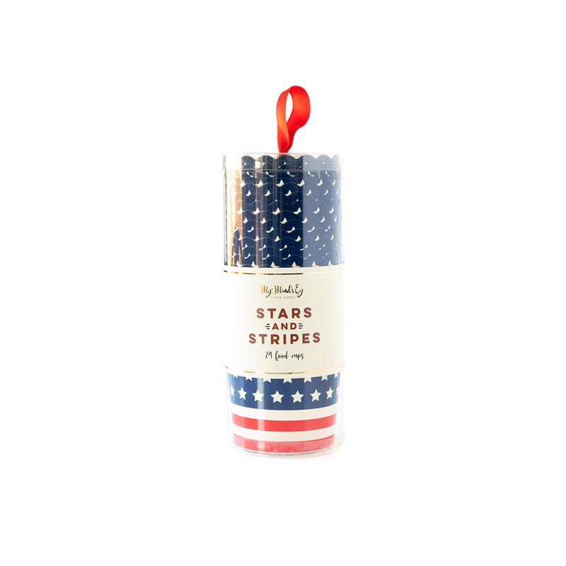 A package of baking cups with red and white stripes from bottom to the center of cup and blue stripe with white stars from center to the top of cup. Name on the package is Stars and Stripes