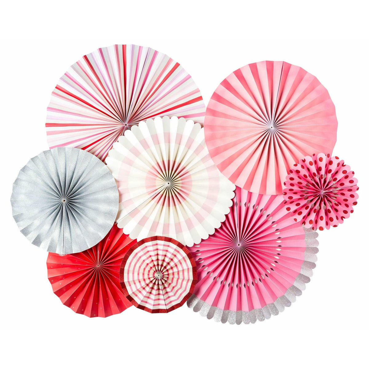 A collection of paper fans in various sizes with a Valentine's Day color scheme, including pink, red, cream, and silver.