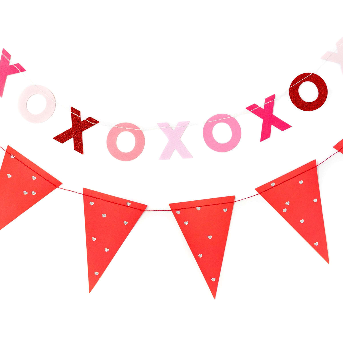 Alternating Red Glitter, Pink, and White Valentine XOXO Letter Banner & Red Pennant with Silver Printed Heart Banner Set