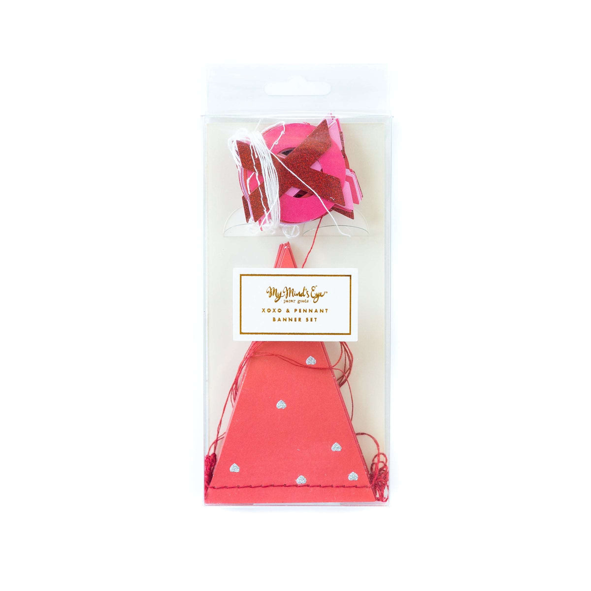Packaged Alternating Red Glitter, Pink, and White Valentine XOXO Letter Banner & Red Pennant with Silver Printed Heart Banner Set