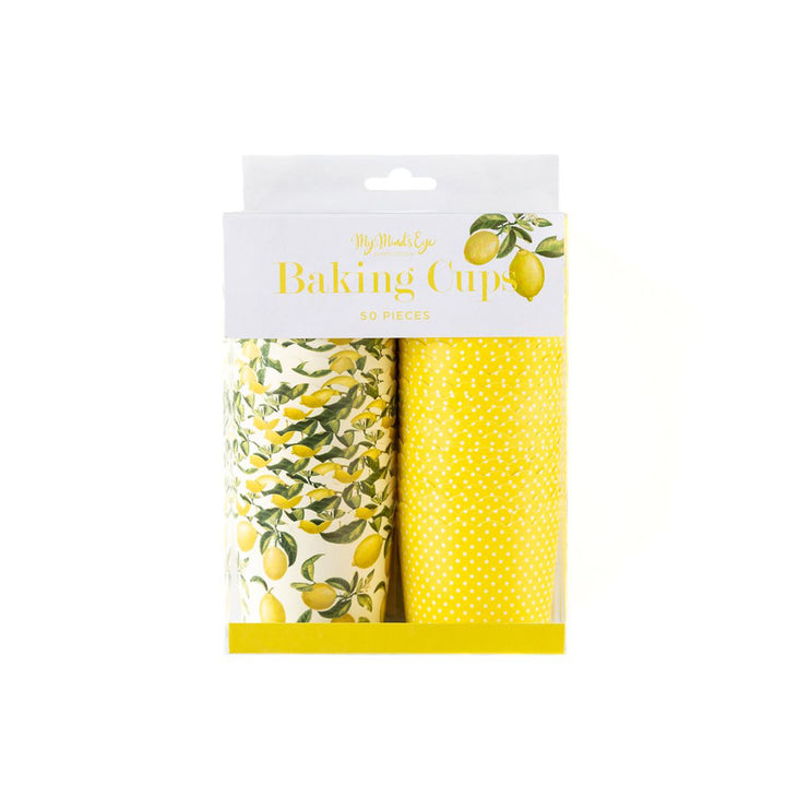 Package of a stack of white treat cups with all-over printed lemons and a stack of yellow cups with white polka dot print 