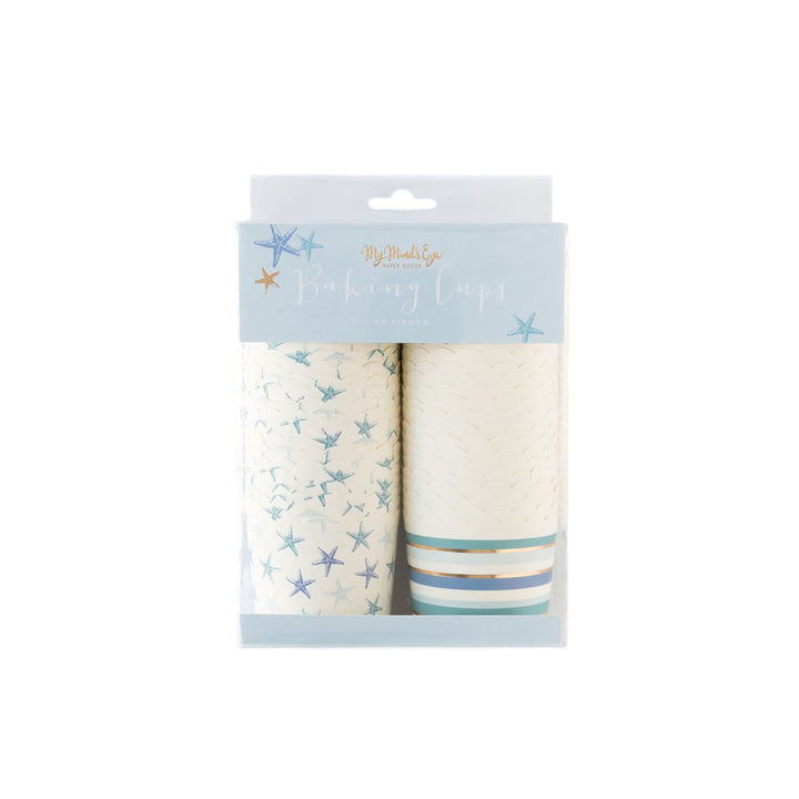 A package of a stack of cream food cups with all over starfish print in shades of blue and a stack of cream food cups with allover stripes in shade of blue and gold foil print.