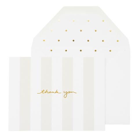 Grey and white striped greeting card with gold foil text that reads "thank you". Paired with a white envelope that has a white and gold foil polka dot envelope liner.